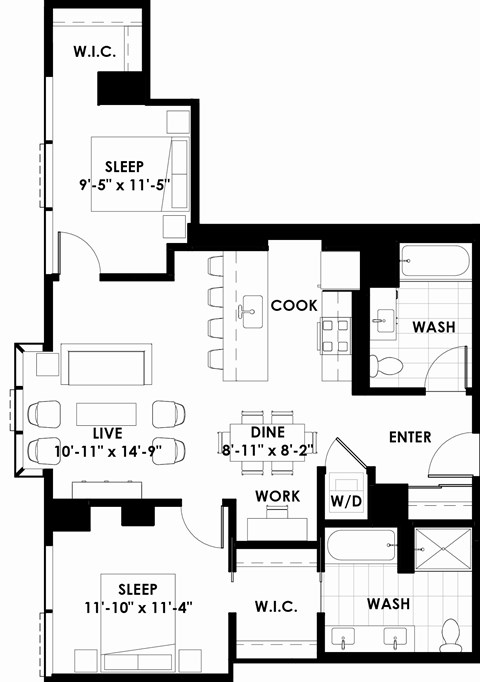 Floor plan for 2 beds, 2 baths, 1014 sqft